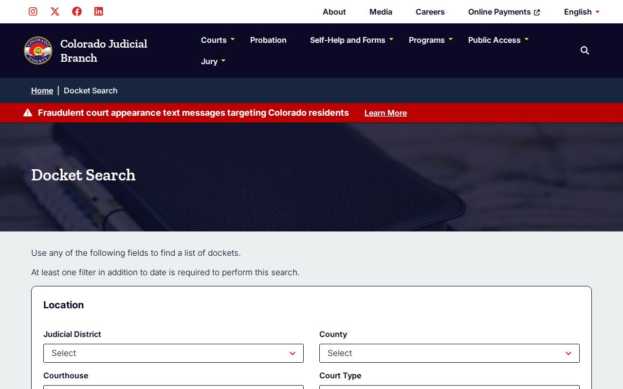 Colorado court dockets statewide search filters