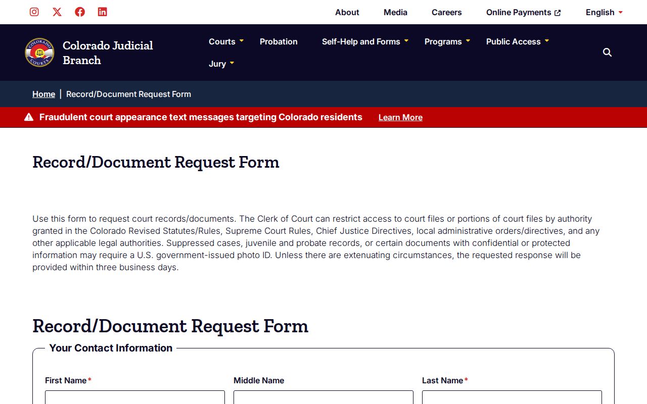Colorado court records document request form