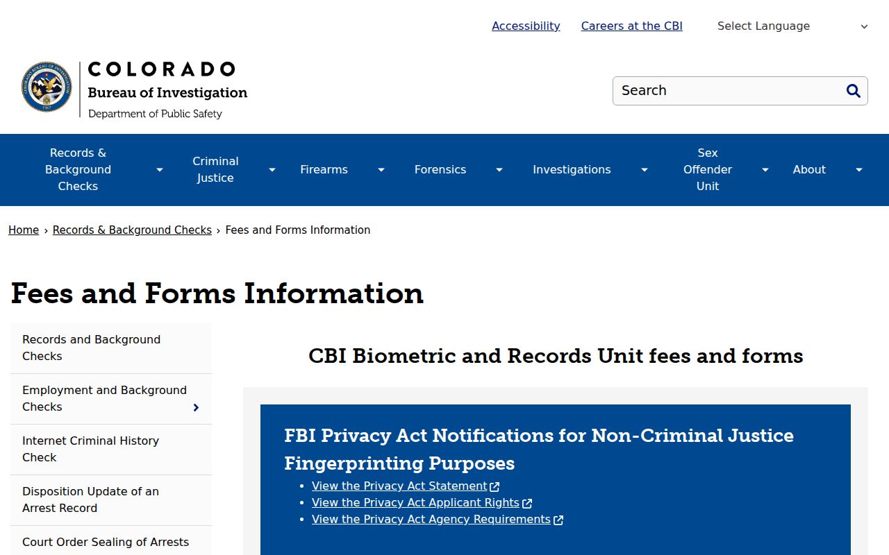 Colorado criminal court records CBI fee and request forms
